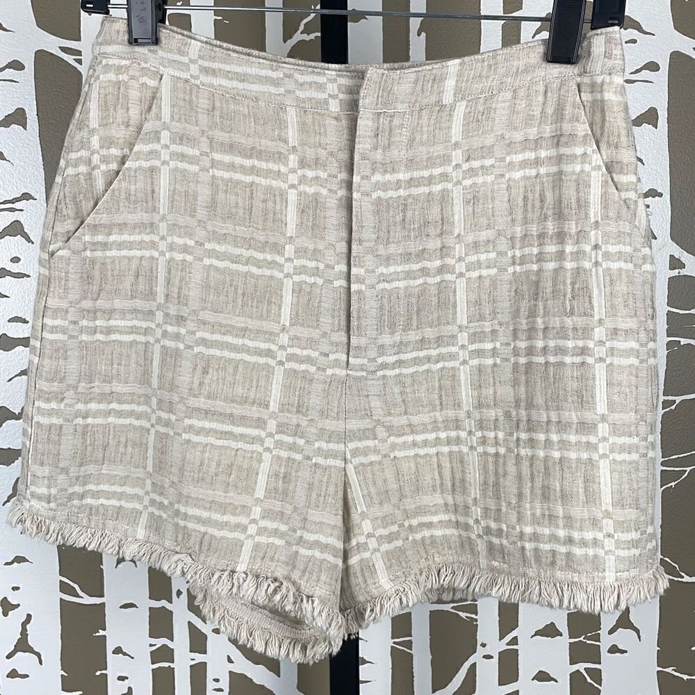 Honey Belle Linen High Waist Fringe Hem Window Pane Plaid Shorts S